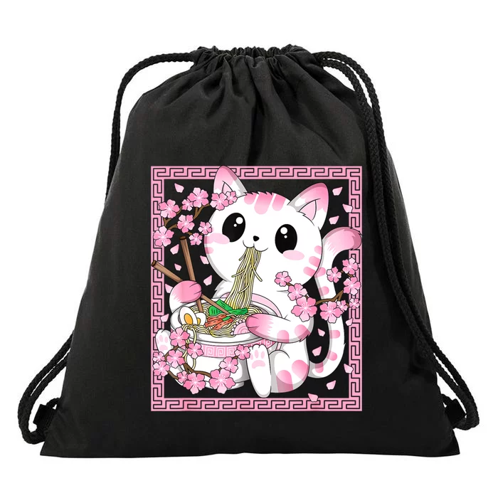 Pink Kawaii Cat Ramen Noodles Anime Japanese Cherry Blossom Drawstring Bag