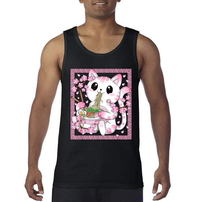 Pink Kawaii Cat Ramen Noodles Anime Japanese Cherry Blossom Tank Top