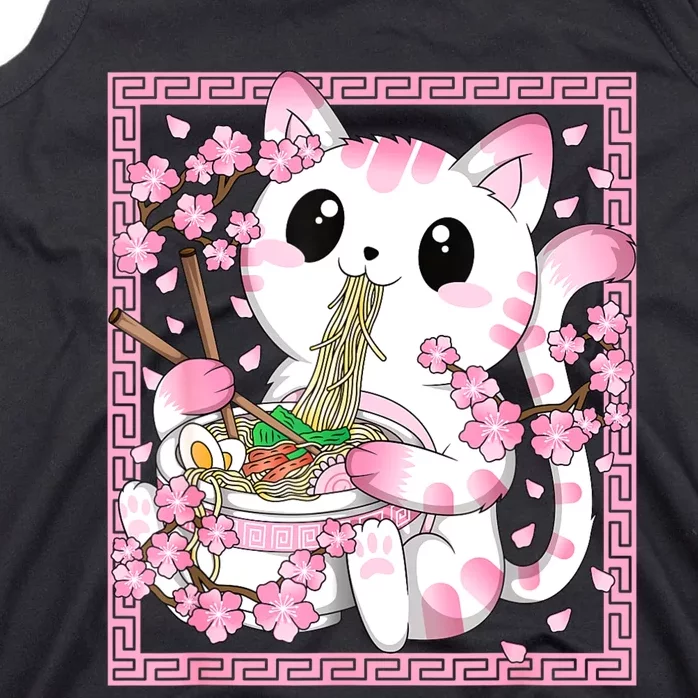 Pink Kawaii Cat Ramen Noodles Anime Japanese Cherry Blossom Tank Top