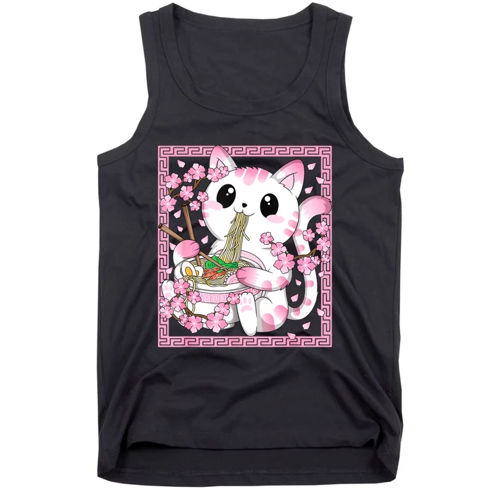 Pink Kawaii Cat Ramen Noodles Anime Japanese Cherry Blossom Tank Top