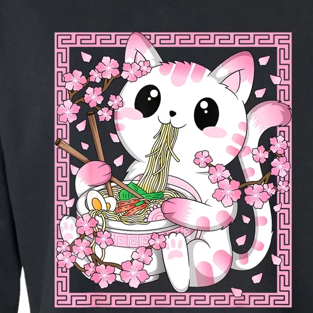 Pink Kawaii Cat Ramen Noodles Anime Japanese Cherry Blossom Cropped Pullover Crew