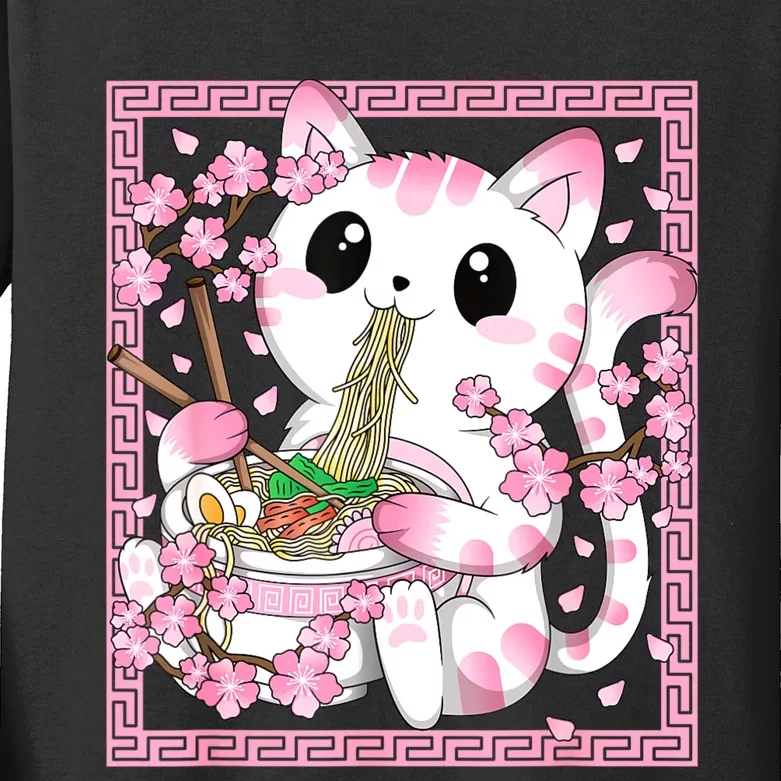 Pink Kawaii Cat Ramen Noodles Anime Japanese Cherry Blossom Kids Long Sleeve Shirt