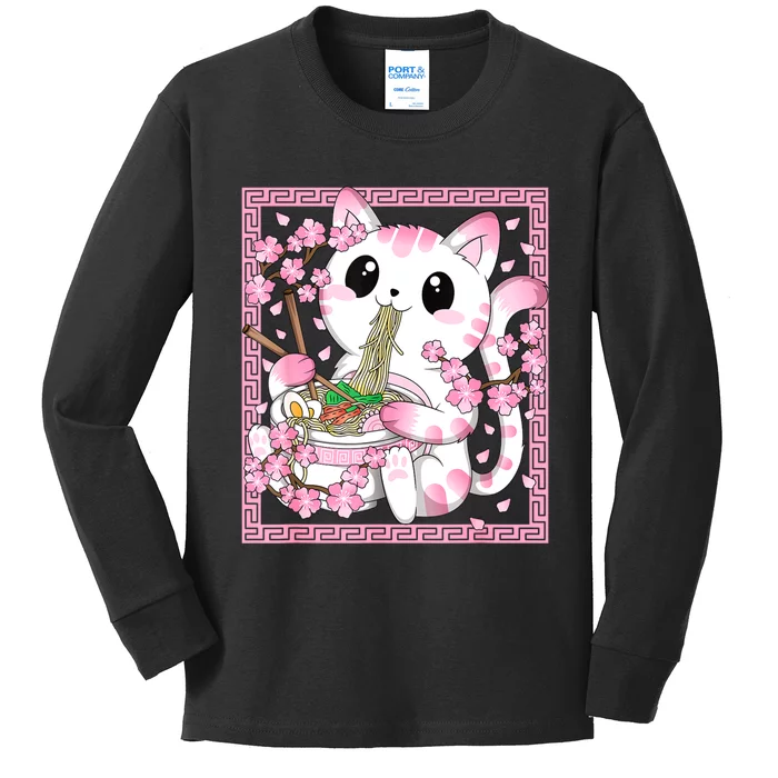 Pink Kawaii Cat Ramen Noodles Anime Japanese Cherry Blossom Kids Long Sleeve Shirt