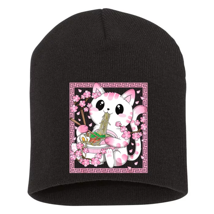 Pink Kawaii Cat Ramen Noodles Anime Japanese Cherry Blossom Short Acrylic Beanie