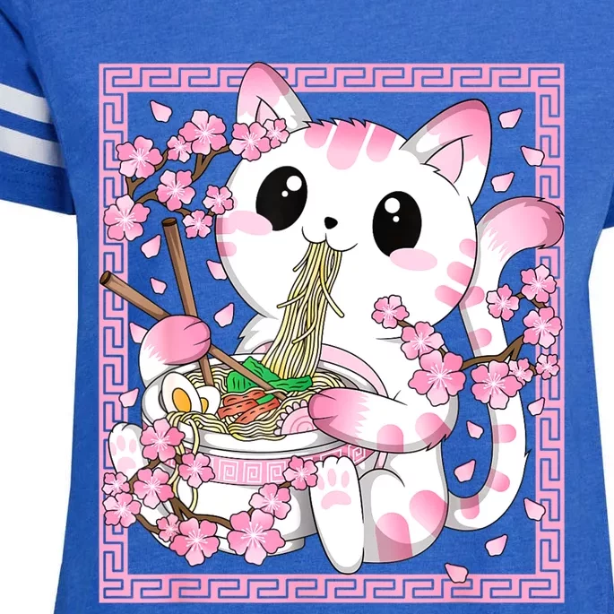 Pink Kawaii Cat Ramen Noodles Anime Japanese Cherry Blossom Enza Ladies Jersey Football T-Shirt