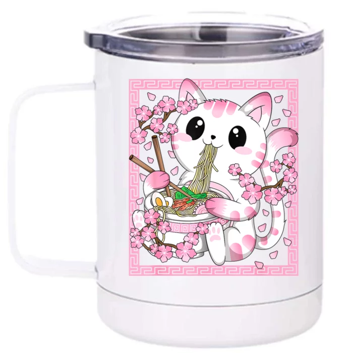 Pink Kawaii Cat Ramen Noodles Anime Japanese Cherry Blossom Front & Back 12oz Stainless Steel Tumbler Cup