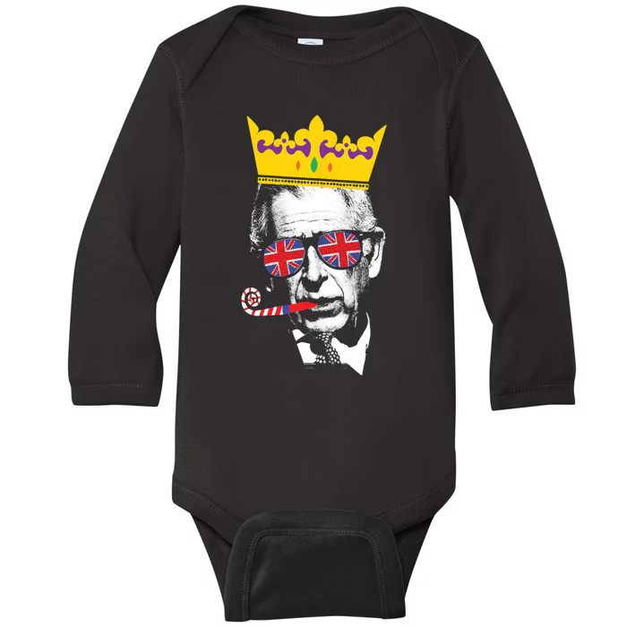 Party King Funny Coronation King Charles Union Jack & Crown Baby Long Sleeve Bodysuit