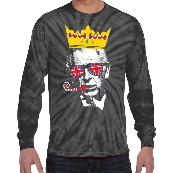 Party King Funny Coronation King Charles Union Jack & Crown Tie-Dye Long Sleeve Shirt