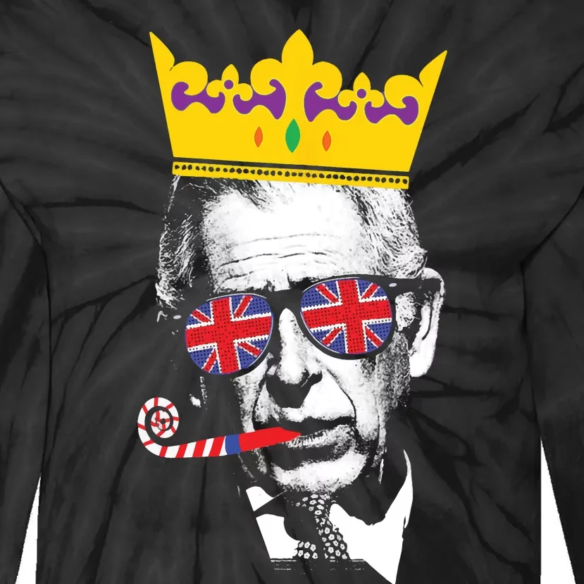 Party King Funny Coronation King Charles Union Jack & Crown Tie-Dye Long Sleeve Shirt