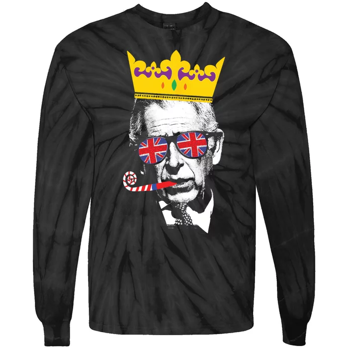 Party King Funny Coronation King Charles Union Jack & Crown Tie-Dye Long Sleeve Shirt