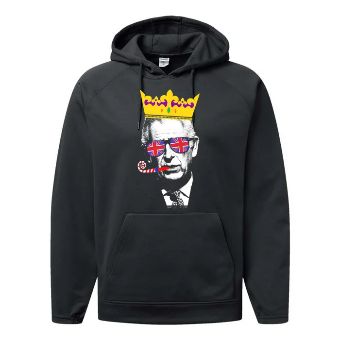 Party King, Funny Coronation King Charles Union Jack & Crown Performance Fleece Hoodie