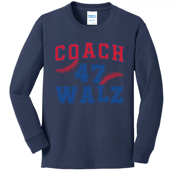 President Kamala Harris Funny Baseball Style Coach 47 Walz Kids Long Sleeve Shirt