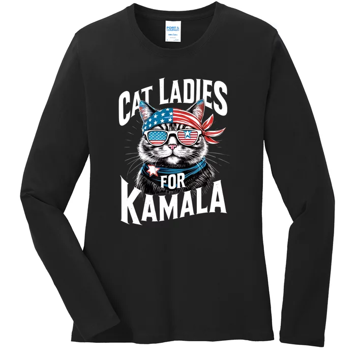 President Kamala Harris Funny Cat Ladies Glasses For Kamala 2024 Ladies Long Sleeve Shirt