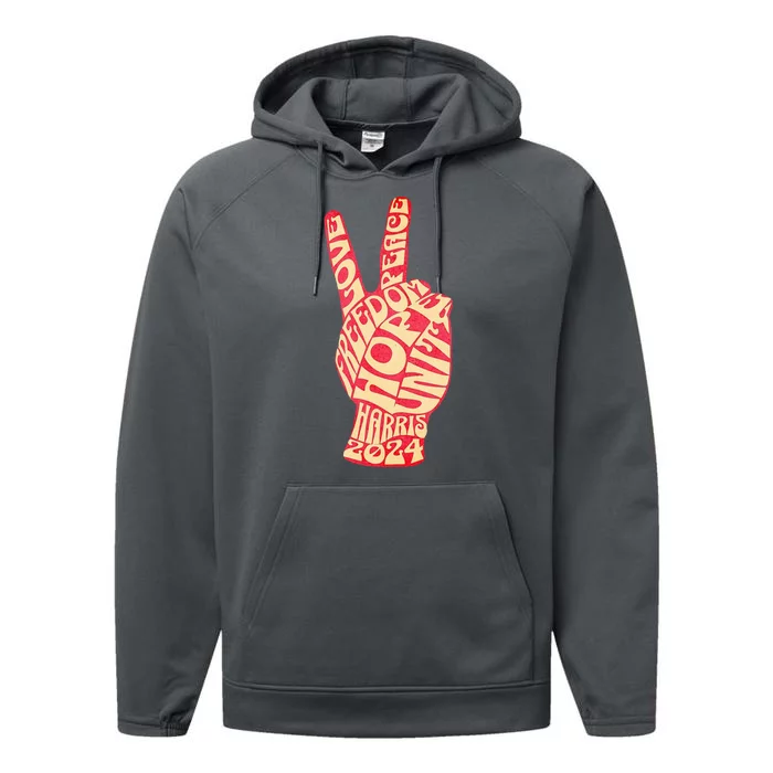 Pro Kamala Harris 2024 Peace Sign Performance Fleece Hoodie