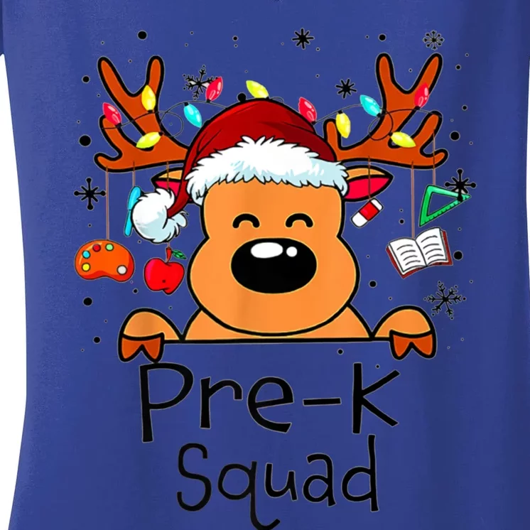 Pre K Squad Reindeer Funny Teacher Christmas Lights Gift Women's V-Neck T-Shirt