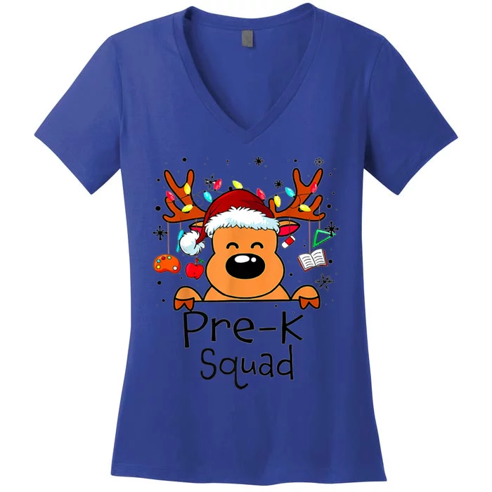 Pre K Squad Reindeer Funny Teacher Christmas Lights Gift Women's V-Neck T-Shirt