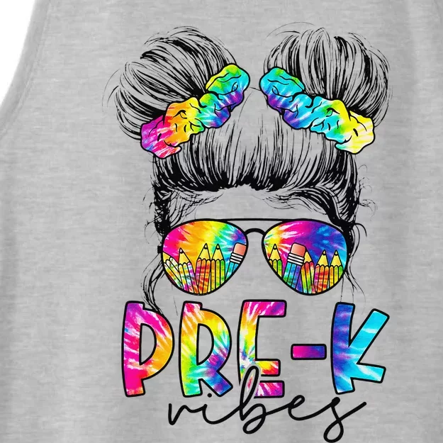 Pre K Vibes Messy Bun Back To School First Day Tie Dye Ladies Tri-Blend Wicking Tank