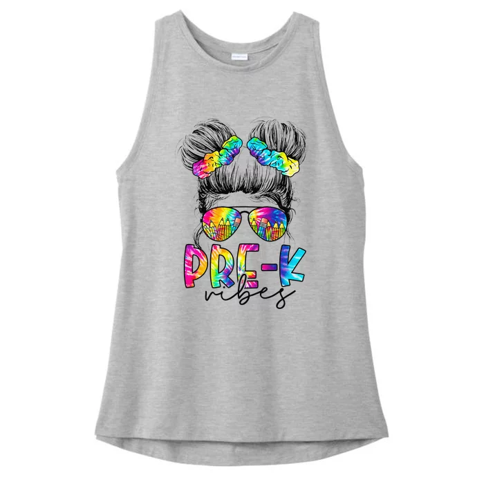 Pre K Vibes Messy Bun Back To School First Day Tie Dye Ladies Tri-Blend Wicking Tank