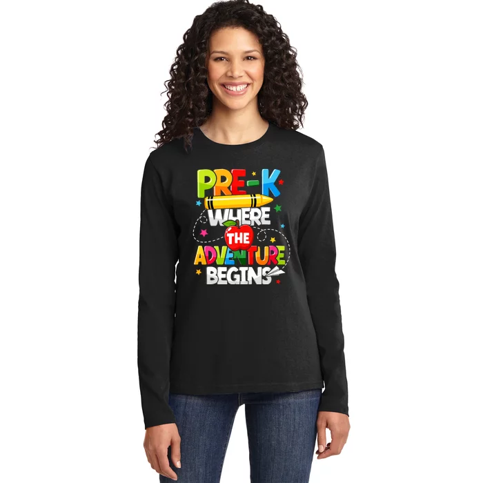 Pre K Where The Adventure Begins Back To School Teacher Ladies Long Sleeve Shirt