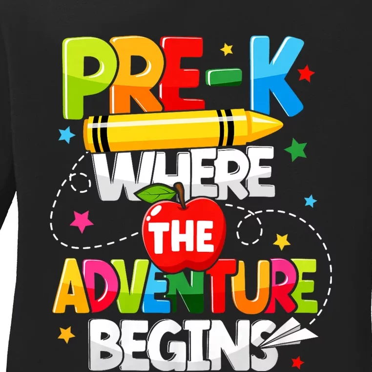 Pre K Where The Adventure Begins Back To School Teacher Ladies Long Sleeve Shirt