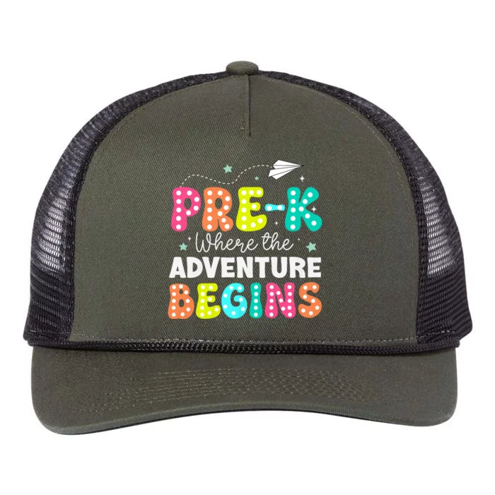 Pre K Where The Adventure Begins Back To School Teacher Retro Rope Trucker Hat Cap