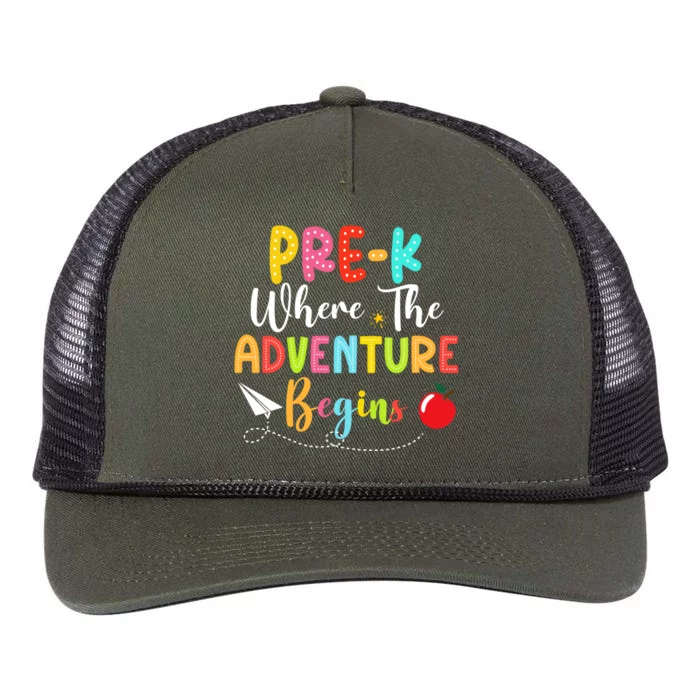 Pre K Where The Adventure Begins Back To School Teacher Retro Rope Trucker Hat Cap