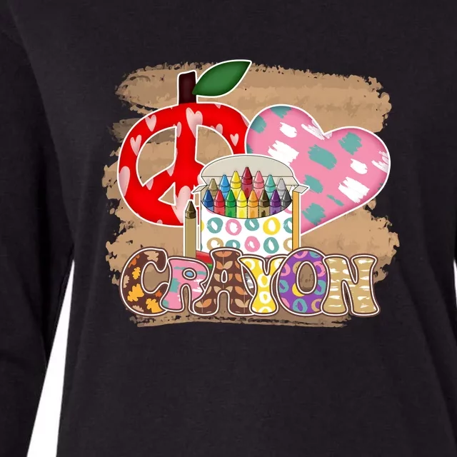 Peace Love Crayon 100 Days Of School Gift For Kids Womens Cotton Relaxed Long Sleeve T-Shirt