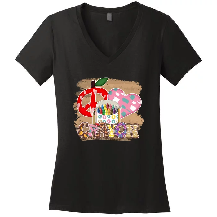 Peace Love Crayon 100 Days Of School Gift For Kids Women's V-Neck T-Shirt