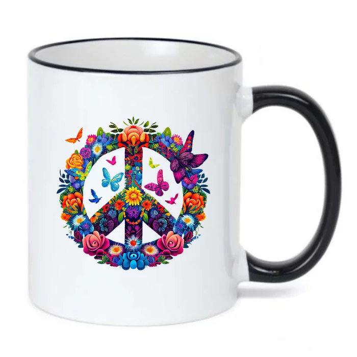 Peace Love 60S 70S Groovy Costume Colorful Flowers Black Color Changing Mug