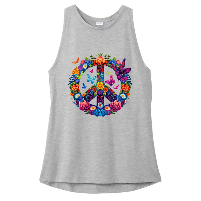 Peace Love 60S 70S Groovy Costume Colorful Flowers Ladies Tri-Blend Wicking Tank