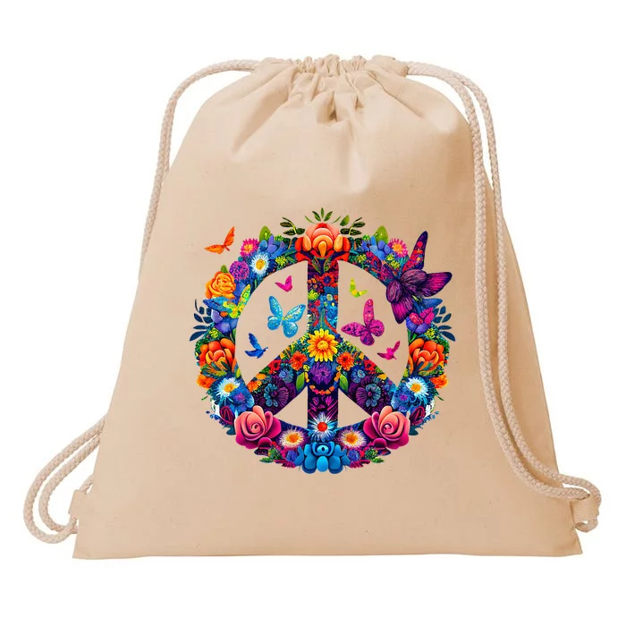 Peace Love 60S 70S Groovy Costume Colorful Flowers Drawstring Bag