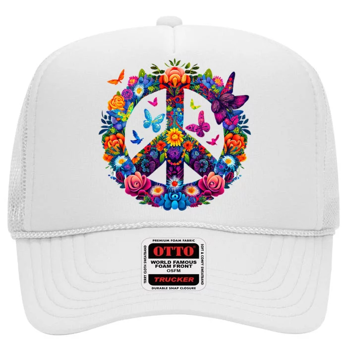 Peace Love 60S 70S Groovy Costume Colorful Flowers High Crown Mesh Trucker Hat