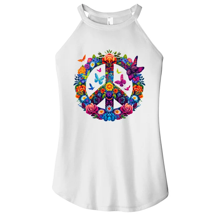 Peace Love 60S 70S Groovy Costume Colorful Flowers Women’s Perfect Tri Rocker Tank