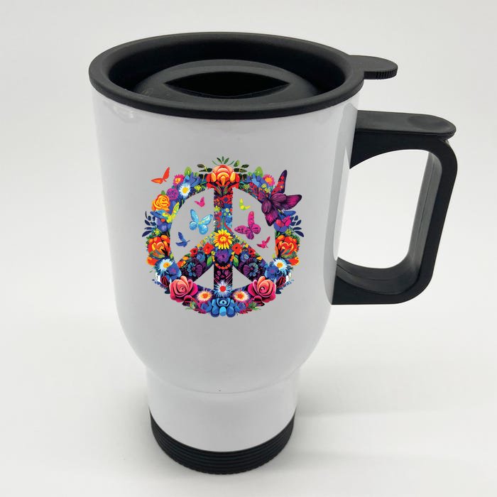 Peace Love 60s 70s Groovy Costume Colorful Flowers Front & Back Stainless Steel Travel Mug