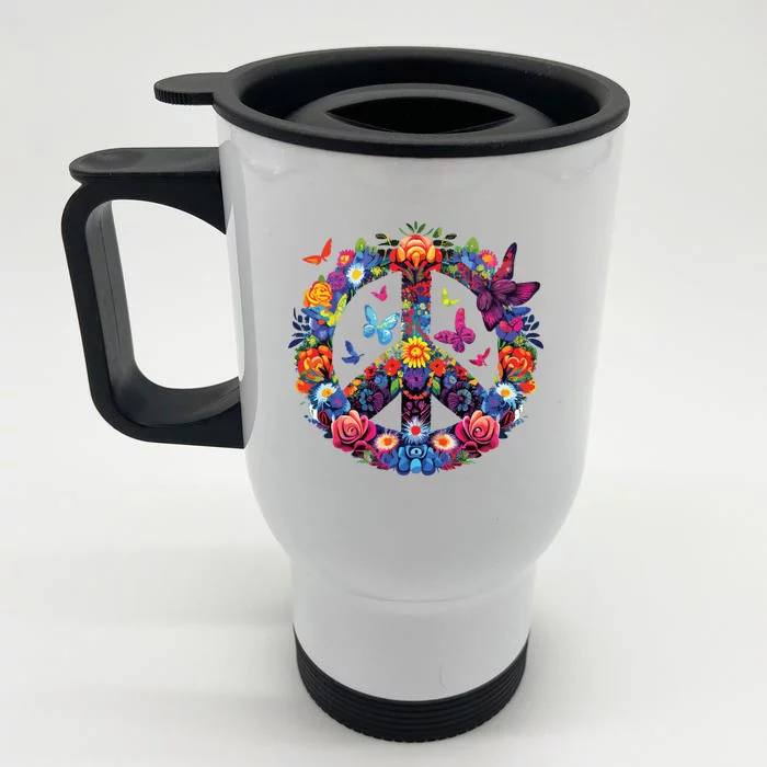 Peace Love 60s 70s Groovy Costume Colorful Flowers Front & Back Stainless Steel Travel Mug