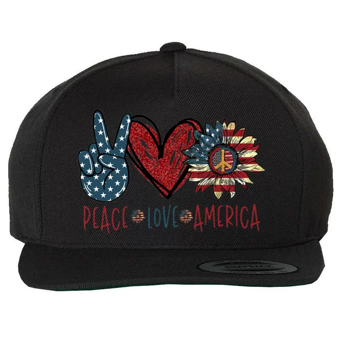 Peace Love America Sunflower Hippie 4th Of July Cool Gift Wool Snapback Cap