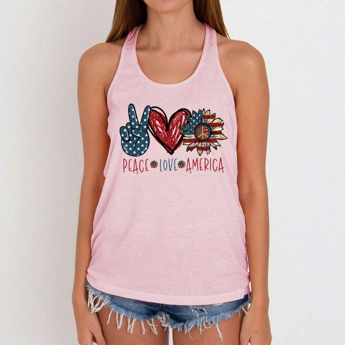 Peace Love America Sunflower Hippie 4th Of July Cool Gift Women's Knotted Racerback Tank