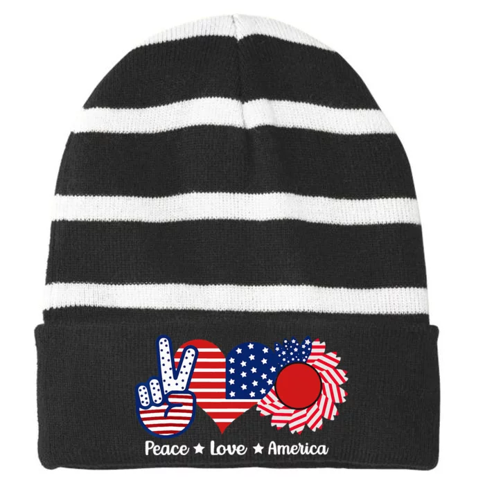 Peace Love America US Flag Fourth Wo 4th Of July Striped Beanie with Solid Band