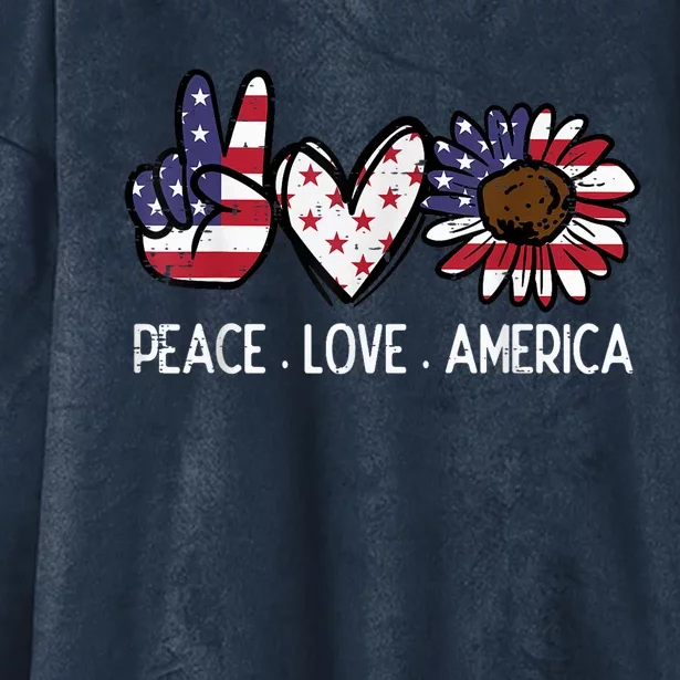 Peace Love America US Flag Fourth Womens 4th Of July Patriot Hooded Wearable Blanket