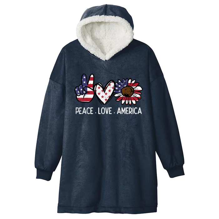 Peace Love America US Flag Fourth Womens 4th Of July Patriot Hooded Wearable Blanket