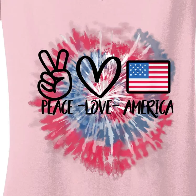 Peace Love America Tie Dye 4th Of July Girl US Flag Women's V-Neck T-Shirt