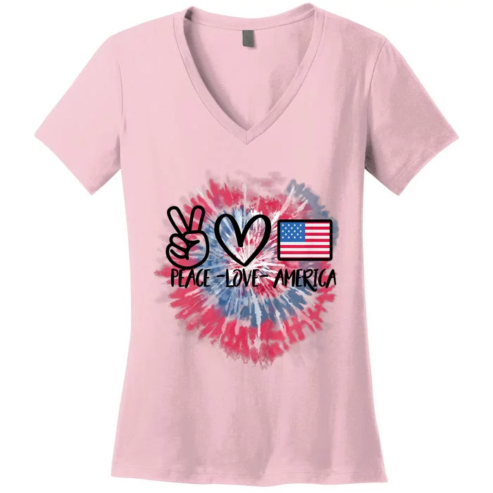 Peace Love America Tie Dye 4th Of July Girl US Flag Women's V-Neck T-Shirt