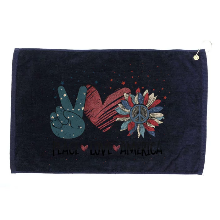 Peace Love America Sunflower Patriotic With Stars 4th July Great Gift Grommeted Golf Towel