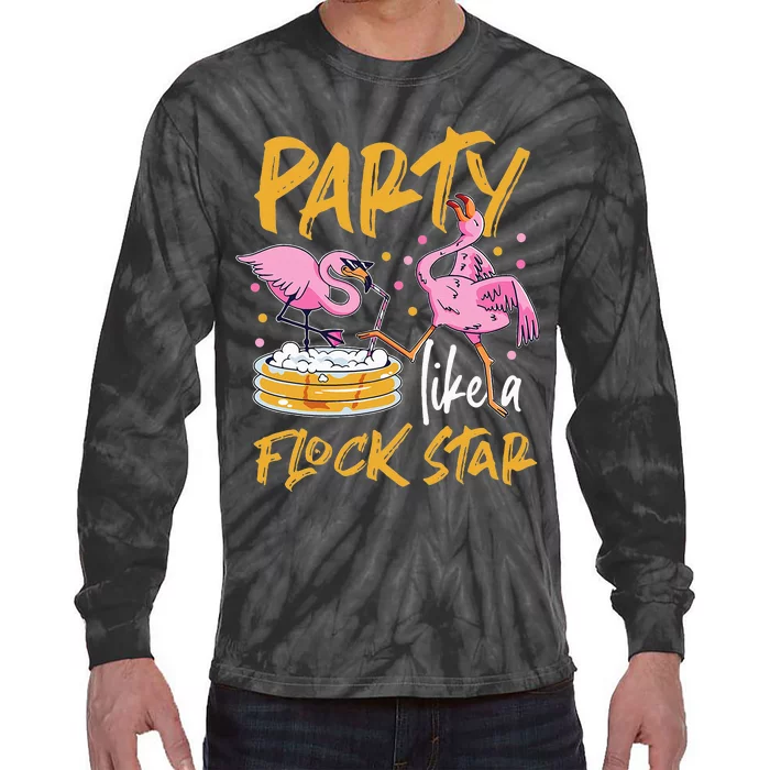 Party Like A Flock Star Flamingos In Kiddie Pool Tie-Dye Long Sleeve Shirt