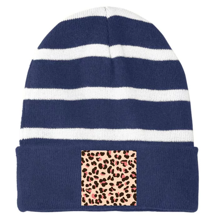 Pink Leopard Animal Print Striped Beanie with Solid Band