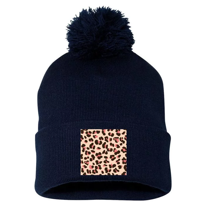 Pink Leopard Animal Print Pom Pom 12in Knit Beanie