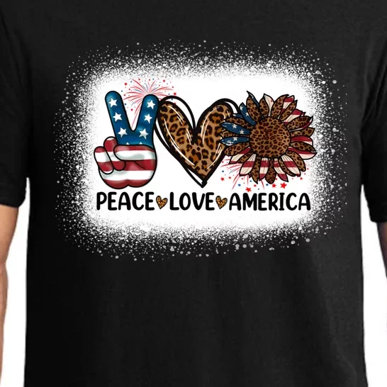 Peace Love America Bleached With Leopard Sunflower Us Flag Gift Pajama Set