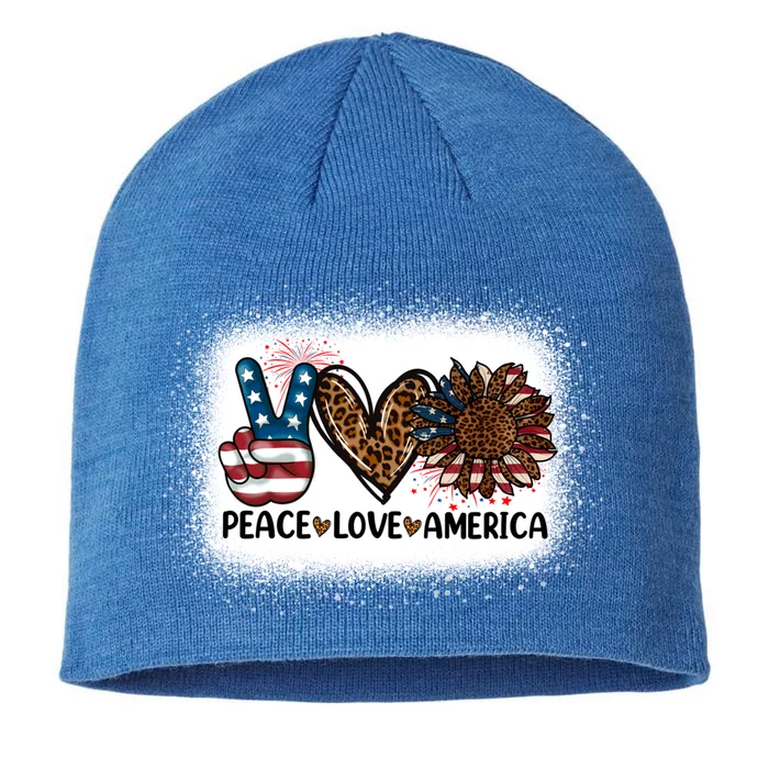 Peace Love America Bleached With Leopard Sunflower Us Flag Gift 8 1/2in Sustainable Knit Beanie