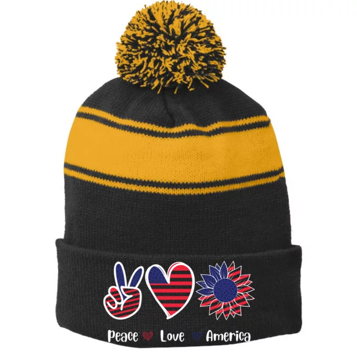 Peace Love America Cute Holiday Stripe Pom Pom Beanie