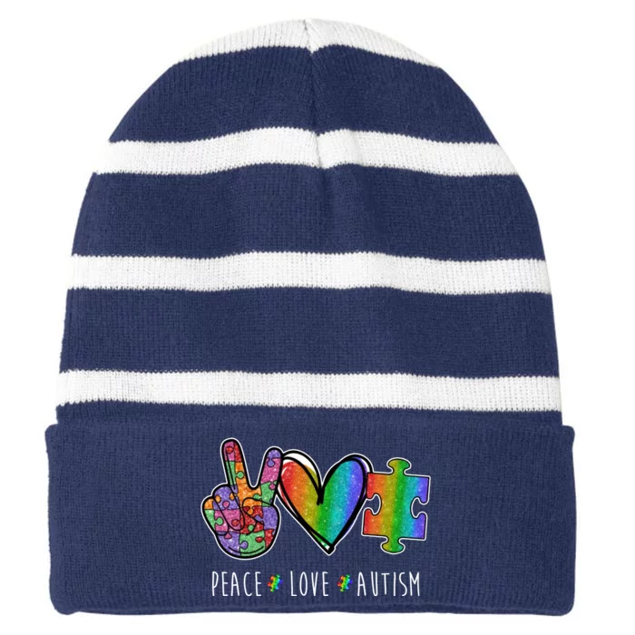 Peace Love Autism Colorful Striped Beanie with Solid Band